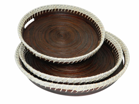 3pc spun bamboo tray with rope rim